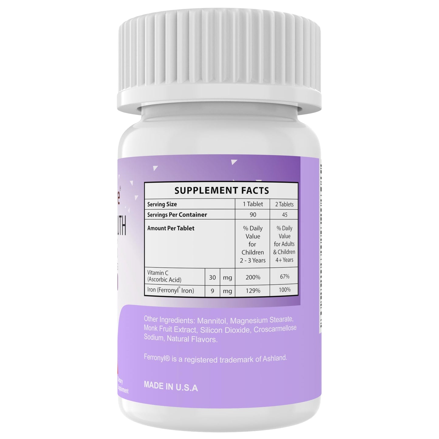 NutritiPure Kids Chewable Iron Supplement with Ferronyl Carbonyl Iron 9 mg and Vitamin C 30 mg, 90 Tablets