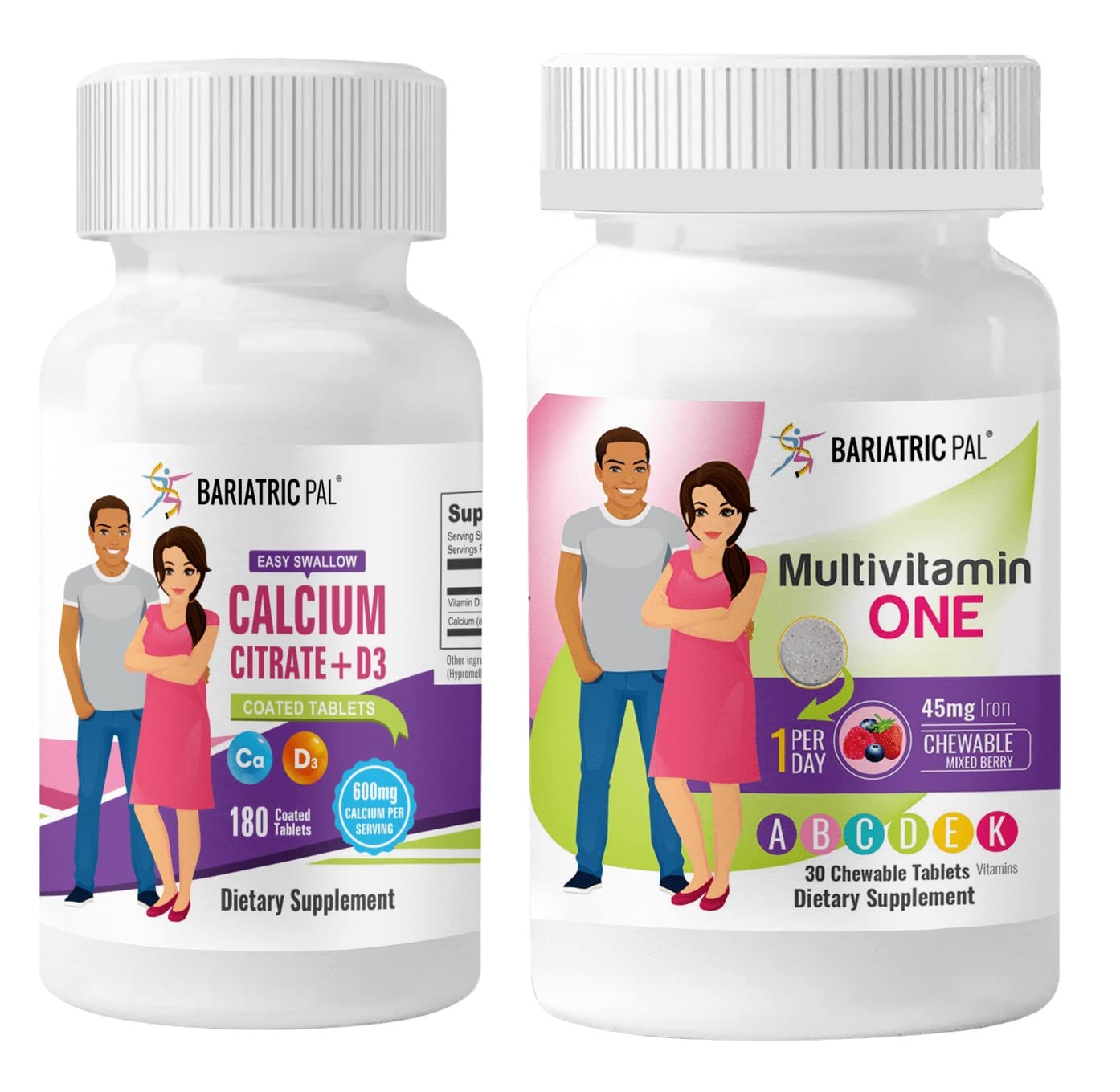 BariatricPal 30-Day Bariatric Vitamin Bundle Multivitamin One Per Day Tablets, with 45mg Iron, Calcium Citrate (600mg) and D3 Coated Tablets, 60 Tablets