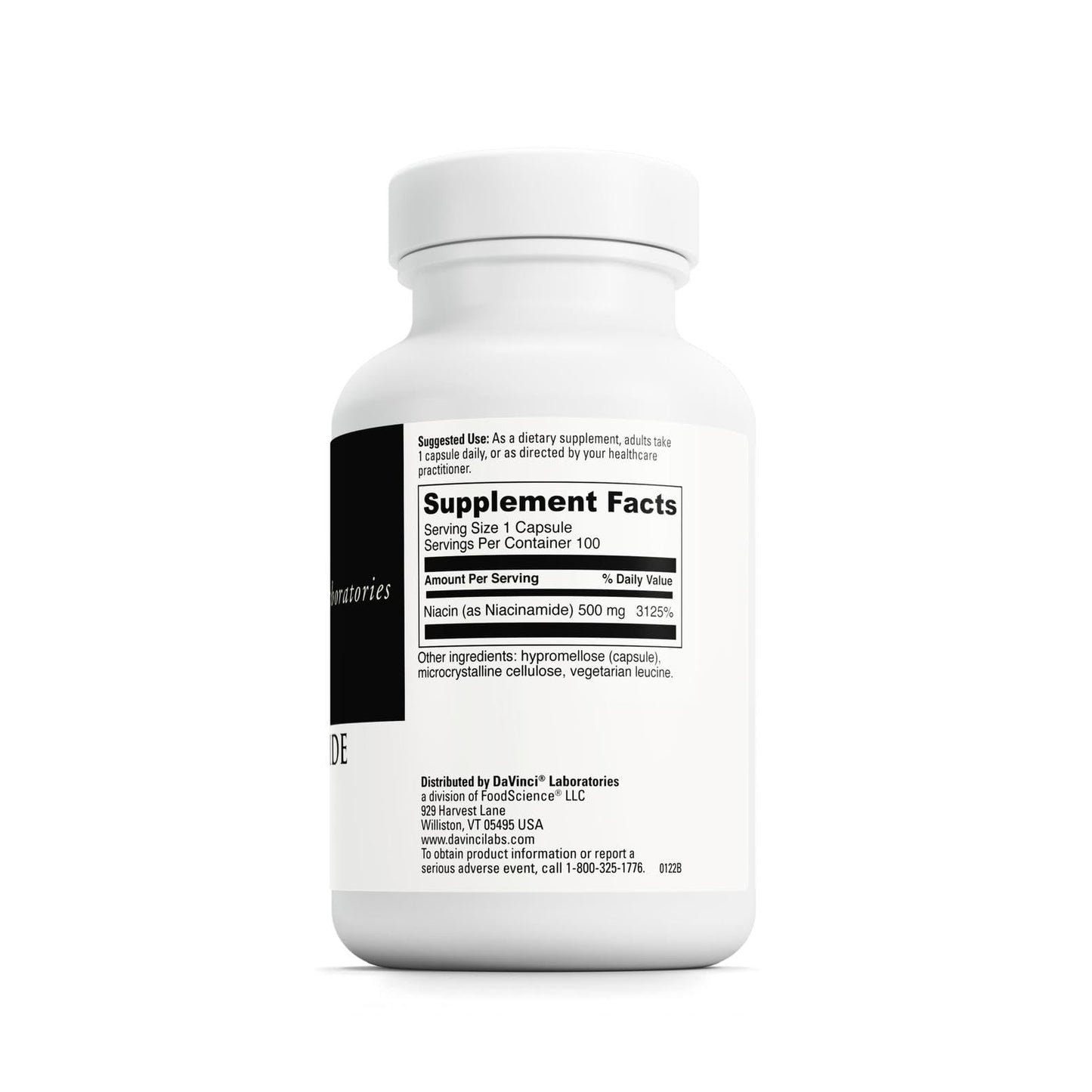 DAVINCI Niacinamide Dietary Supplement with Vitamin B3 (500 mg per serving), Gluten-Free, 100 Capsules