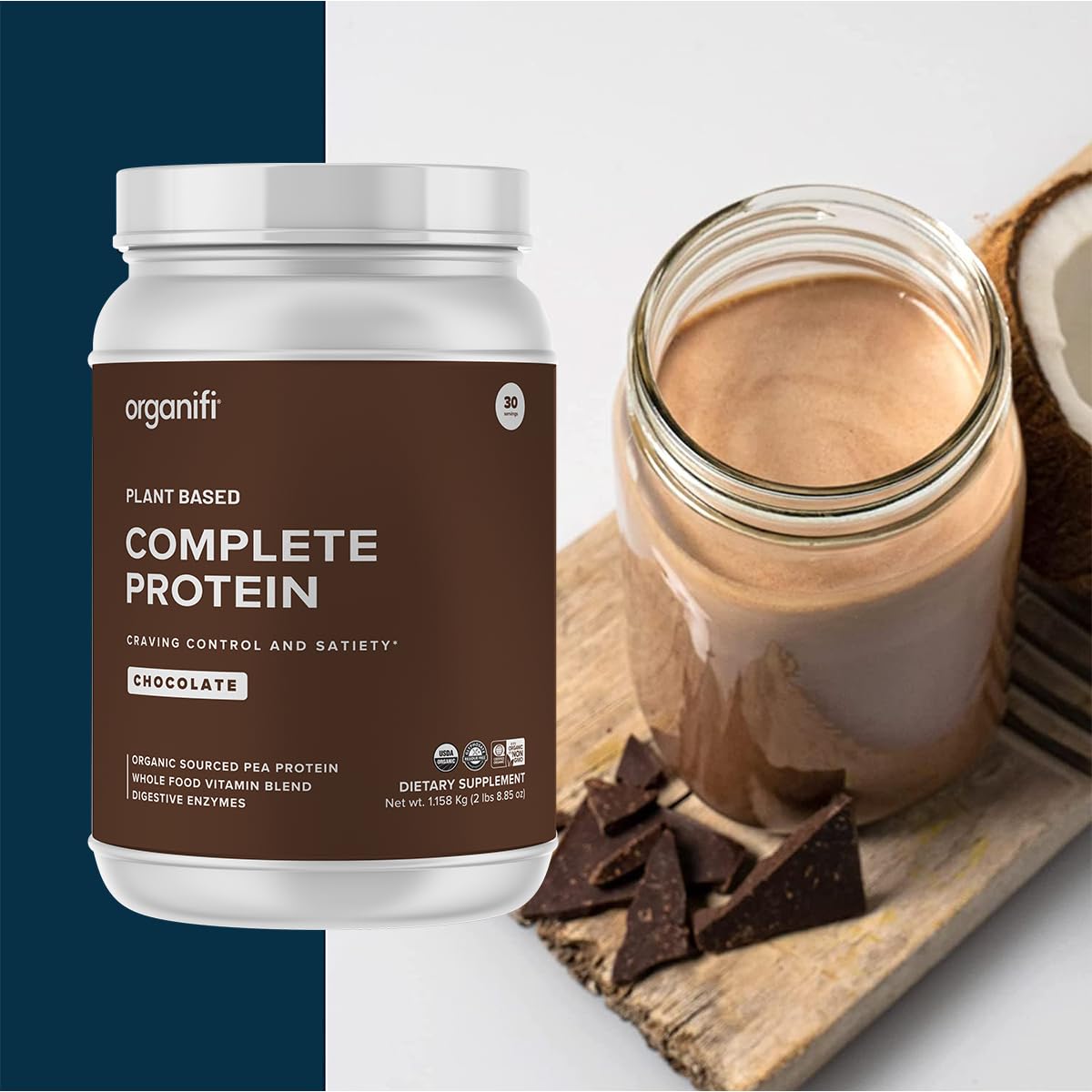 Organifi Complete Protein Chocolate Flavor Organic Vegan Plant Based Protein Powder with Digestive Enzymes, 2.68 lb