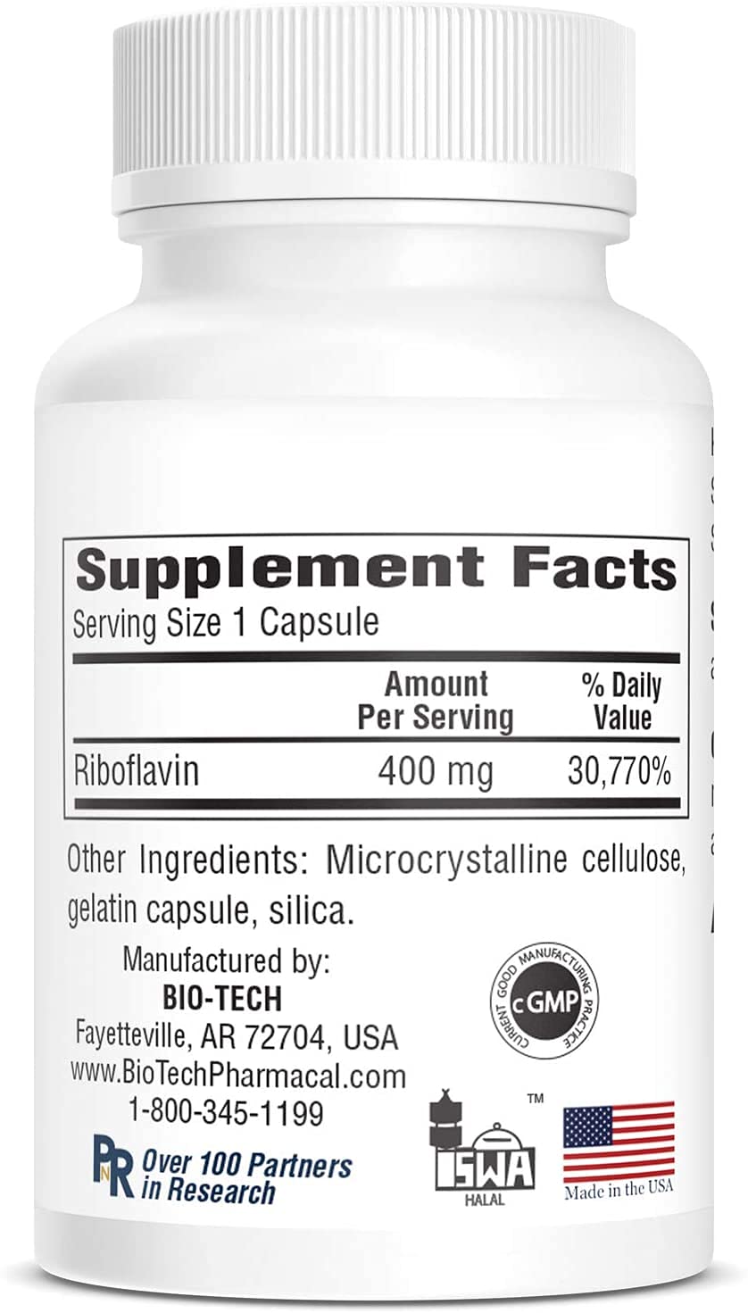 Bio-Tech Pharmacal B2-400 Vitamin B2 (Riboflavin) Capsules, 100 Count