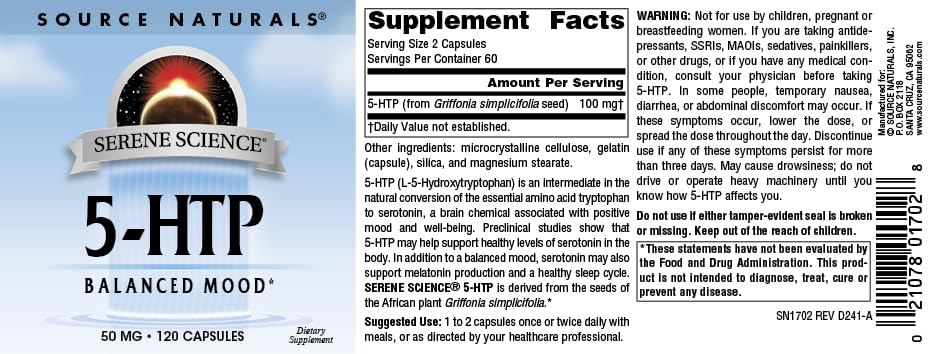 Source Naturals Serene Science 5-HTP - Balanced Mood 50 mg Capsules, 120 Count