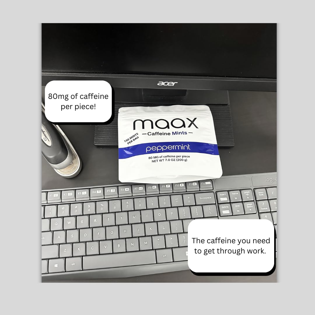 Maax Caffeinated Gum Caffeine Energy Mints Chewable, 100 pieces