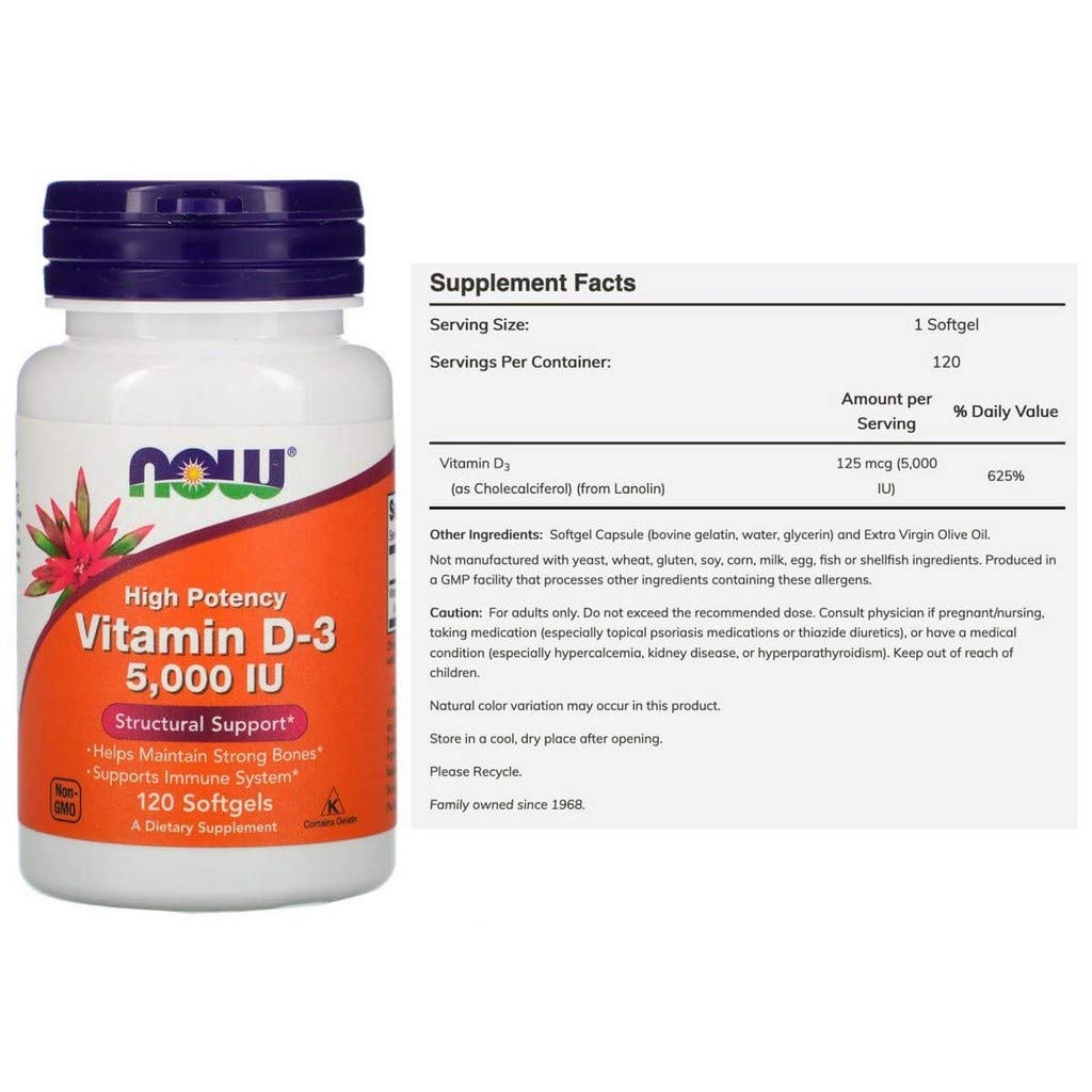 NOW Foods Vitamin D-3 5000 IU Softgels, 120 Count
