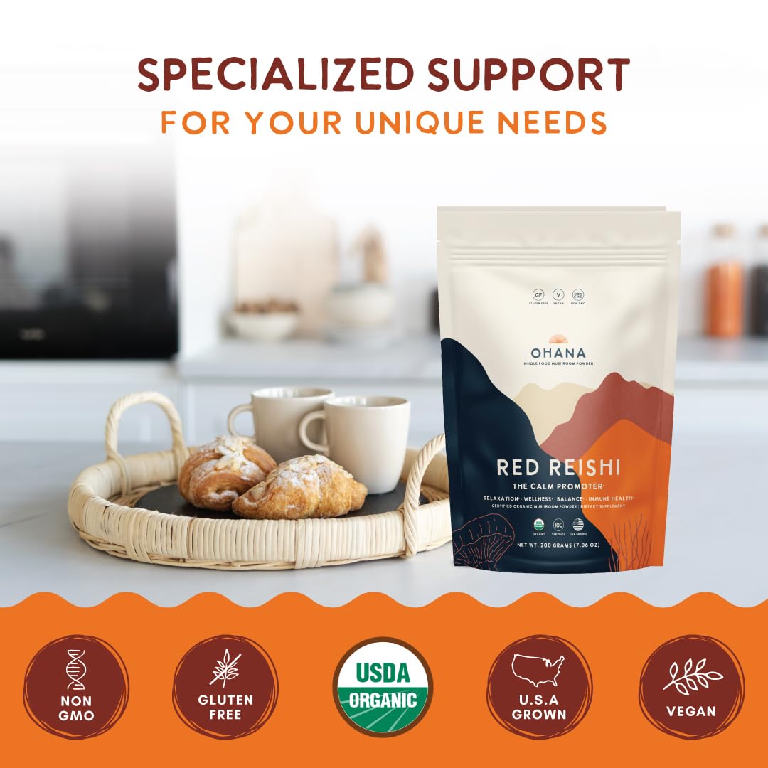 Ohana Mushrooms Red Reishi Organic Mushrooms Powder Blend Whole Food Mushroom Supplement, Powder, 7.05 oz