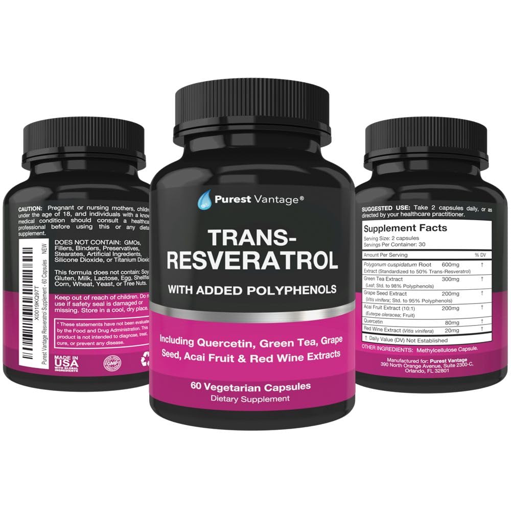 Purest vantage Resveratrol Supplement Potent 1400mg Formula with Trans Resveratrol, Quercetin, Grape Seed, Green Tea, Acai and Red Wine Extract 60 Veggie Capsules