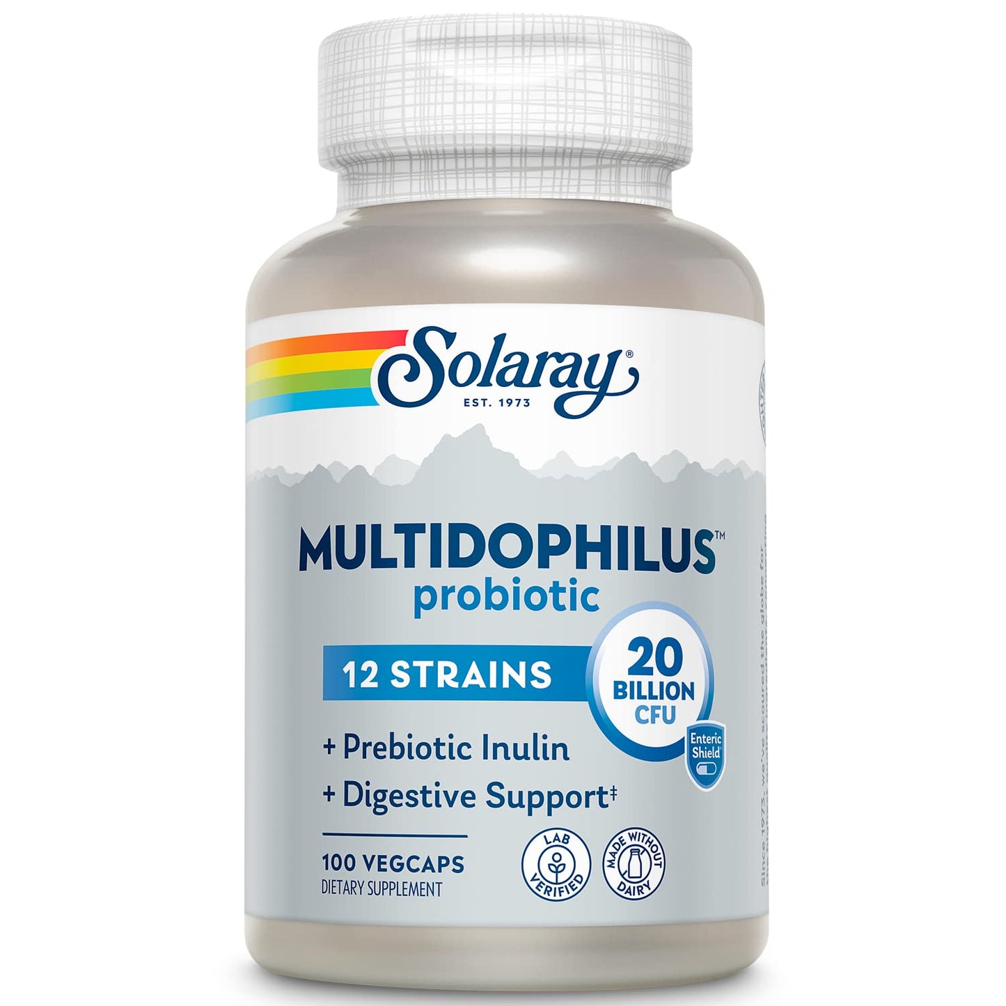 SOLARAY Multidophilus 12 Strain Probiotic 20 Billion CFU Daily Gut Health Support with Prebiotic Inulin No Dairy Capsules 100