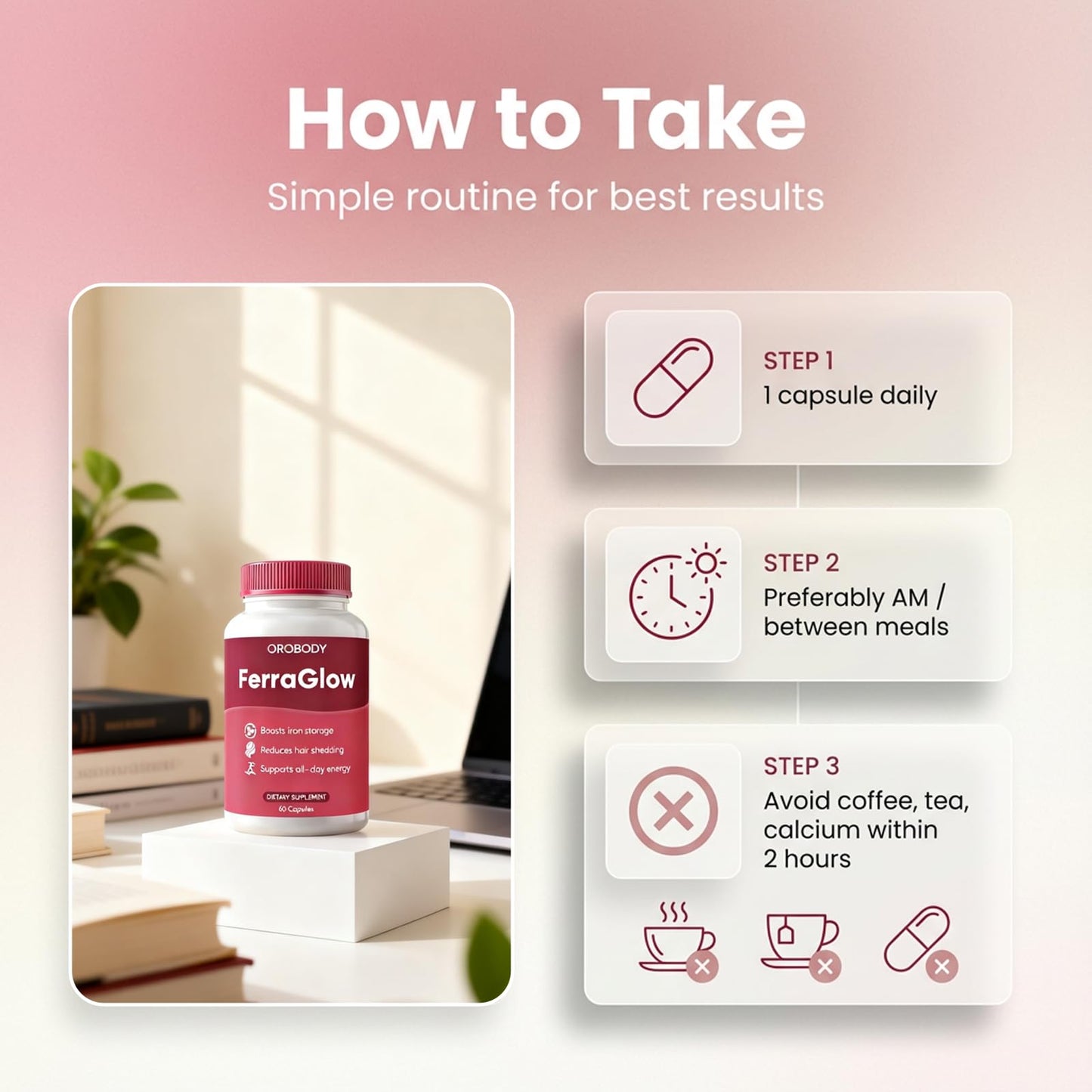 Megacephalus Ferraglow Ferritin Supplement - Daily Iron Support Capsules with Iron Bisglycinate Lactoferrin Vitamin C B12 and Gentle Absorption, 60 Capsules