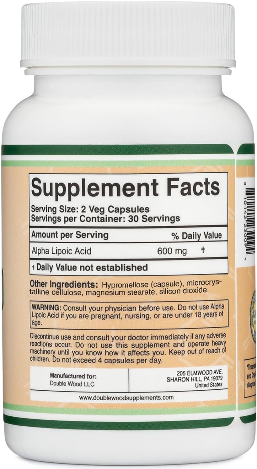 Double Wood Supplements Alpha Lipoic Acid 600mg Capsules, 60 Count
