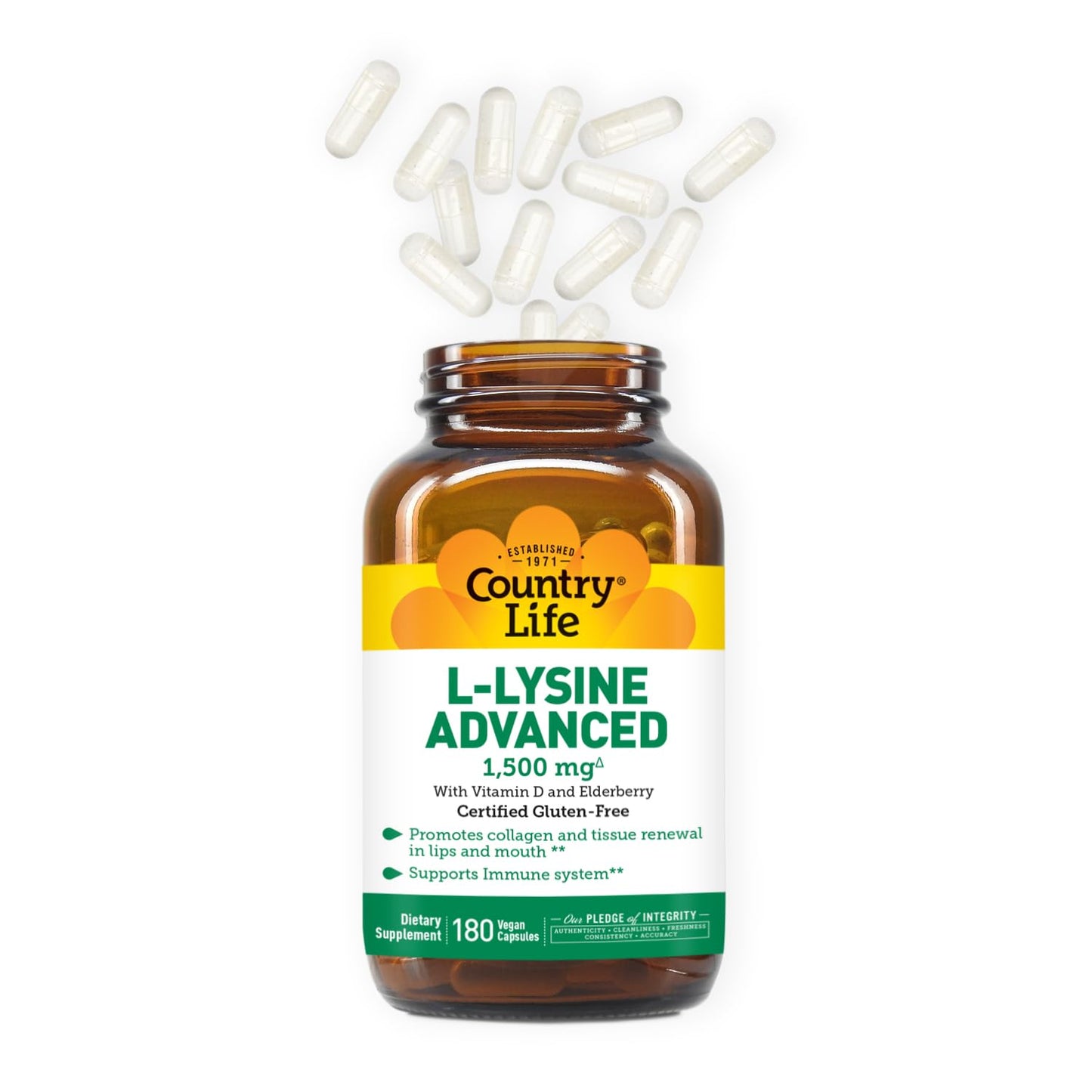 Country Life L-Lysine 1500mg Capsules with Vitamin D & Elderberry – Advanced Immune Support and Collagen Renewal – Gluten-Free & Vegan, 180 Count