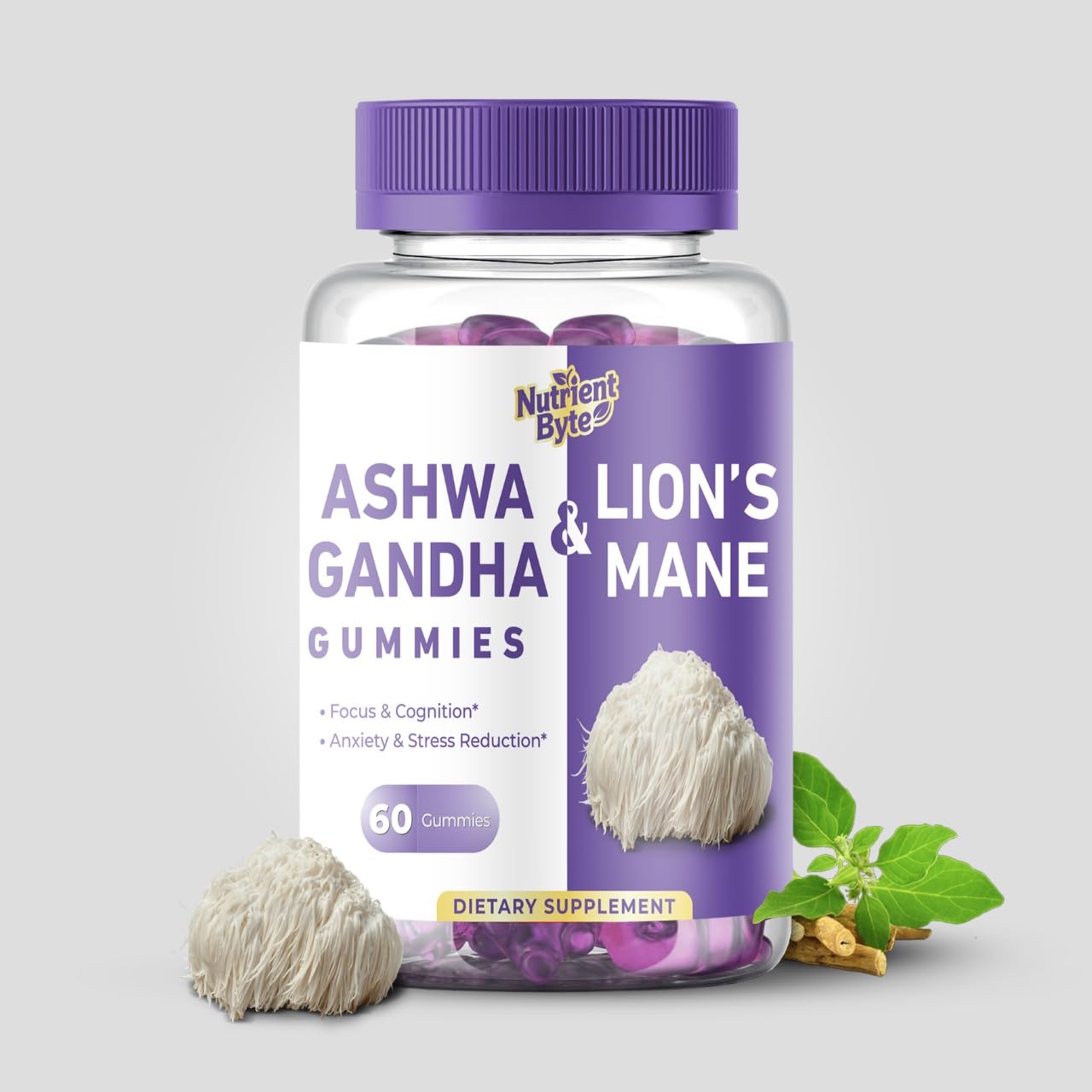 Nutrient Byte Lionemane and Ashwagandha Gummies Adaptogenic Mushroom Blend with Rhodiola, Bacopa & Holy Basil – Brain, Mood & Immune Support for Adults – Vegan – 60 Gummies