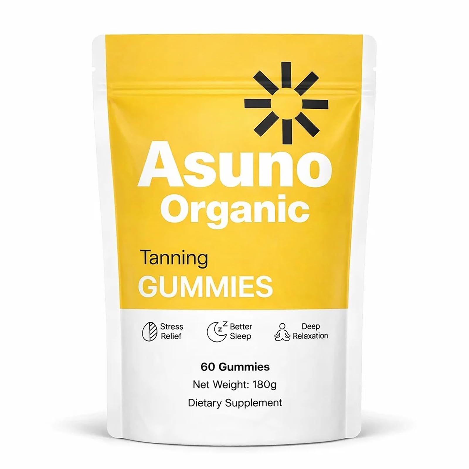Asuno Organic Tanning Gummies with Astaxanthin, Beta Carotene, Vitamin C for Women and Men, 60 Gummies