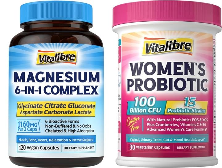 Vitalibre Women's Probiotics 100 Billion CFU & Magnesium Complex Supplement 6 in 1, 150 Capsules
