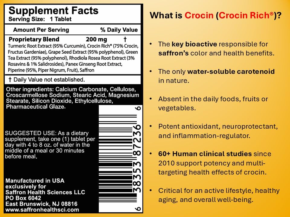 Saffron Health Sciences Crocin Rich Plus High-Potency Brain Supplement 25mg High-Purity Crocin (Key Active Saffron Compound) with 7 Antioxidants Memory, Focus, Mood, Sleep, Mobility & Healthy Aging Support 30 Tablets