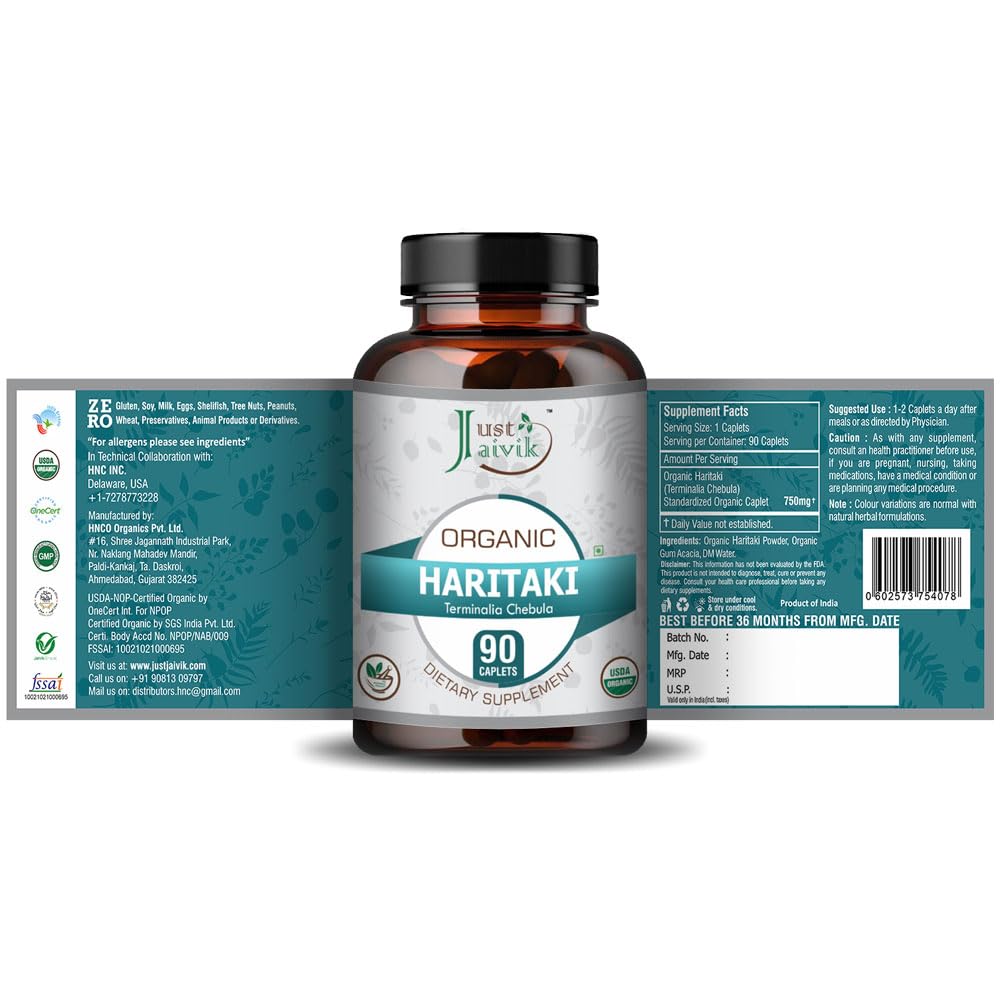 Just Jaivik Organic Haritaki 750mg Tablets, 90 Count