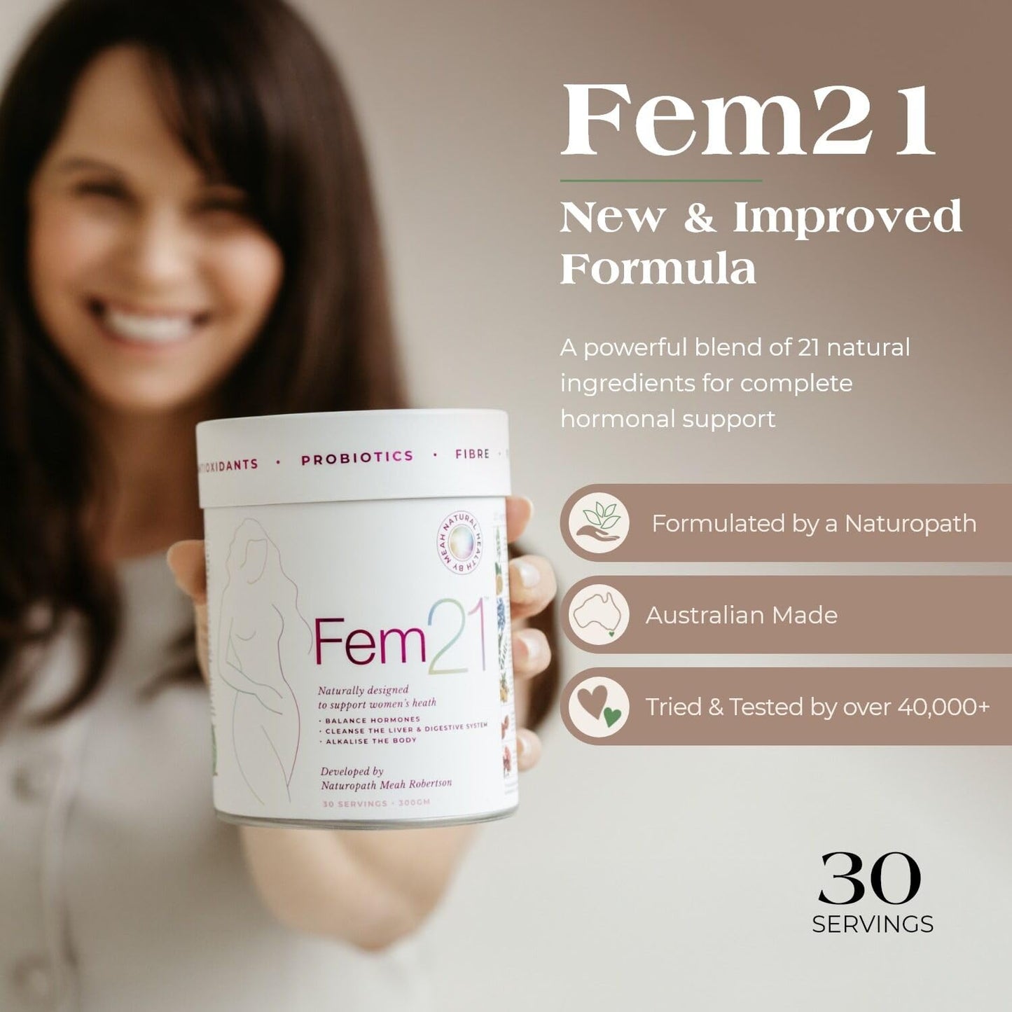Fem21 Nutritional Supplement for Women, Herbal Blend with 21 Superfoods for Women's Wellness and Vitality, with Prebiotics, Probiotics and Antioxidants, Powder, 10.58 oz