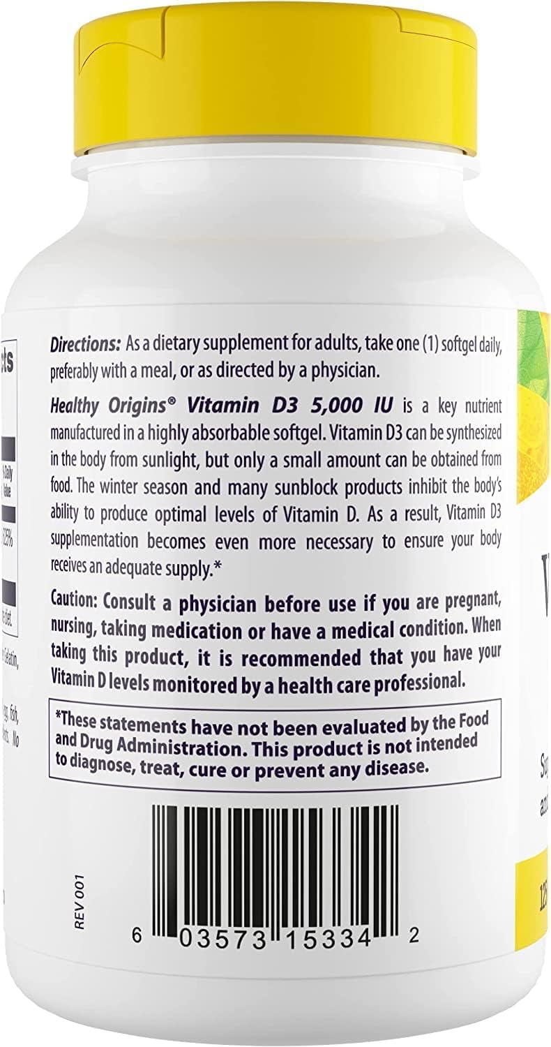 Healthy Origins Vitamin D3 5000 IU Softgels, 120 Count