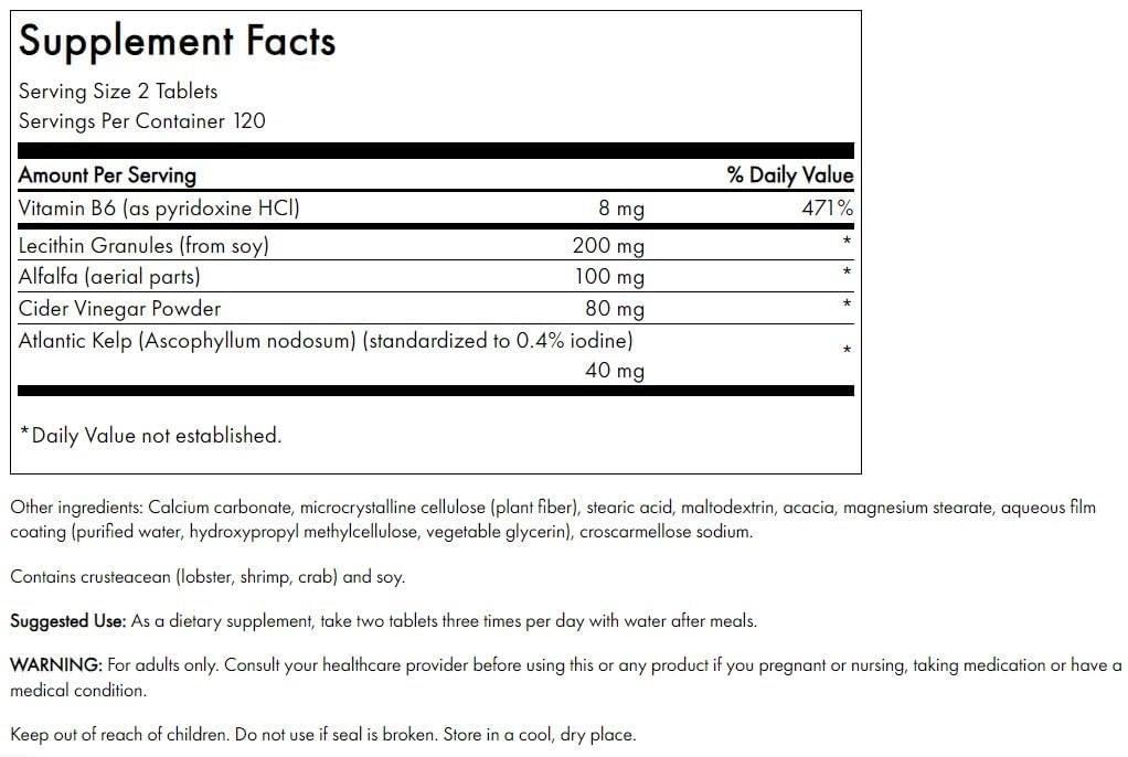 Swanson Lecithin Kelp B-6 & Cider Vinegar Tablet, 240 Tablets