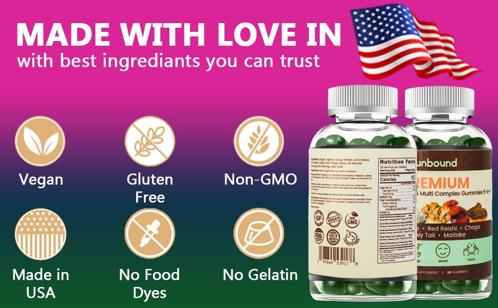 Unbound Mushroom Gummies Premium Organic Mushroom Multi-Complex for Memory Support 5-in-1 Gummy, 60 Count