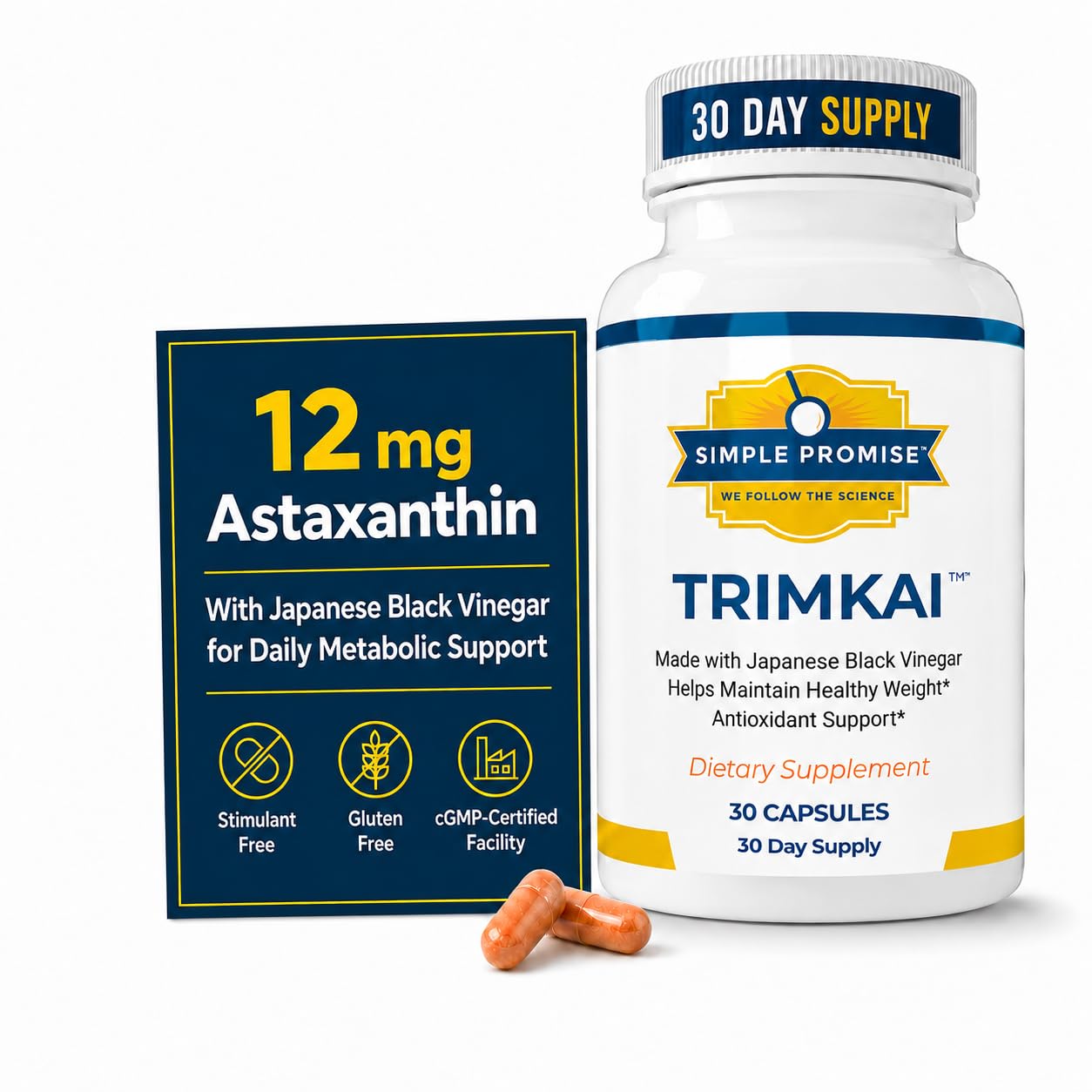 Simple Promise TrimKai Japanese Black Vinegar Capsules with Astaxanthin, 30 Count