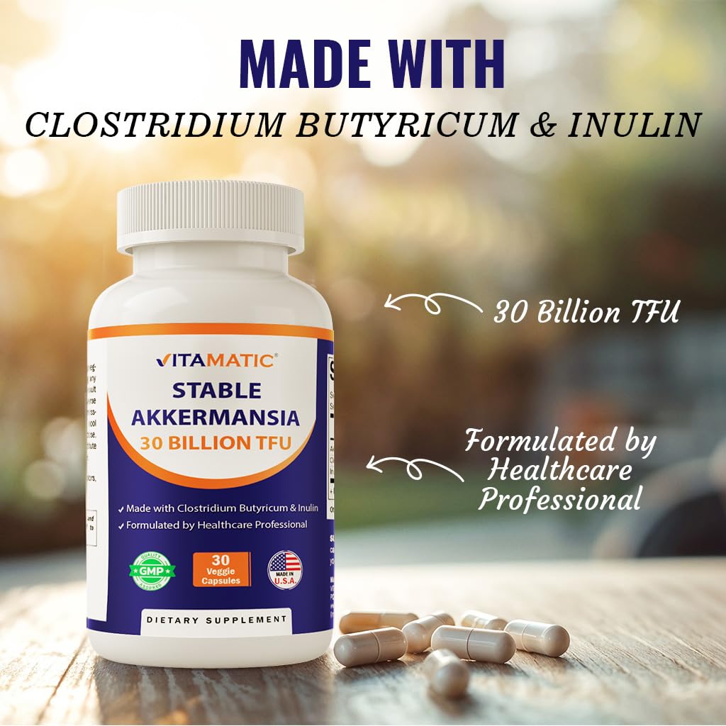 Vitamatic Akkermansia Muciniphila 30 Billion TFU + Clostridium Butyricum + Prebiotic Inulin GLP-1 Probiotic Capsule 30 Count