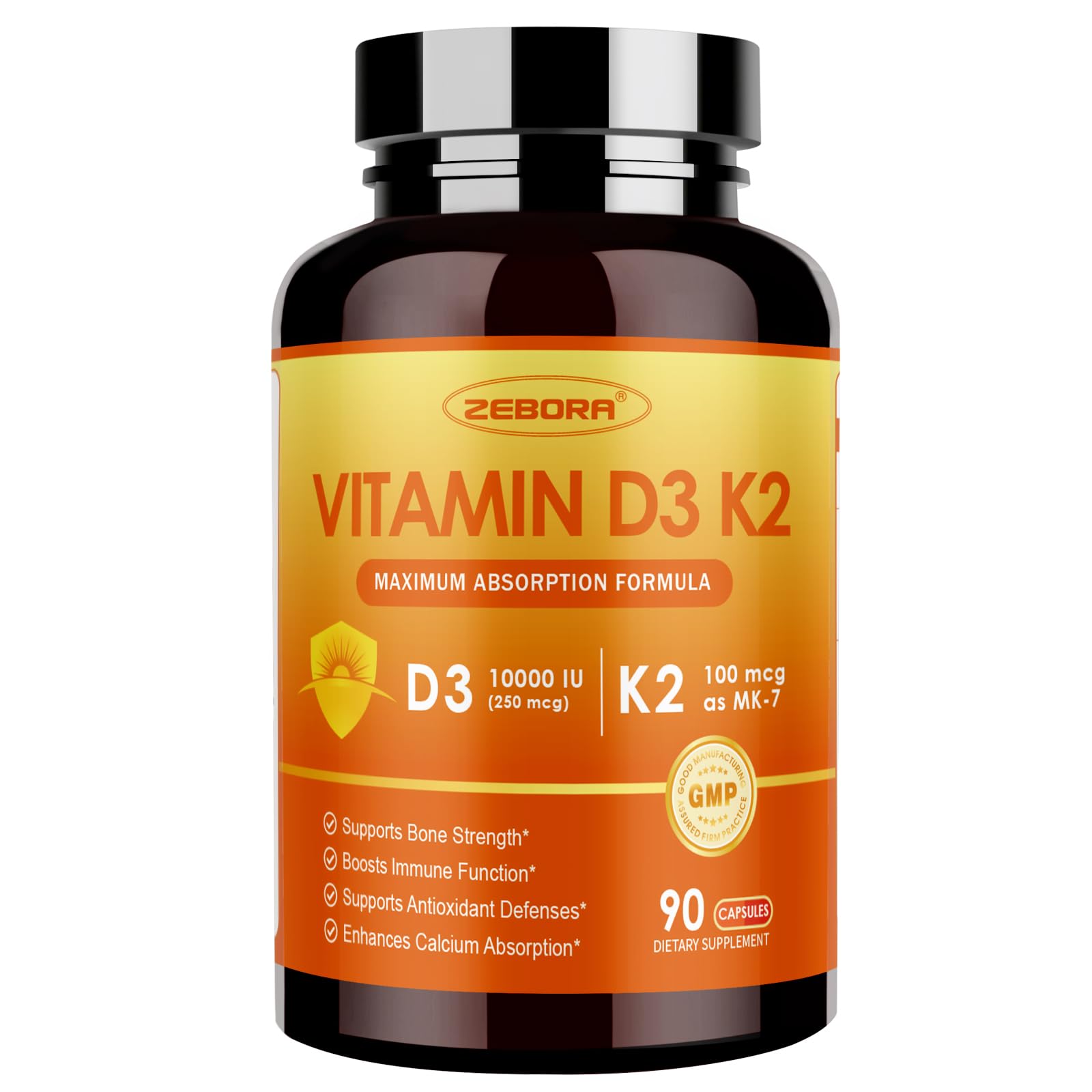 ZEBORA Vitamin D3 K2 Maximum Strength 10000IU D3 & 100mg K2 as MK-7 - Heart, Bone, Immune Health & Antioxidant Defenses Support - Gluten-Free, Non-GMO, 90 Capsules