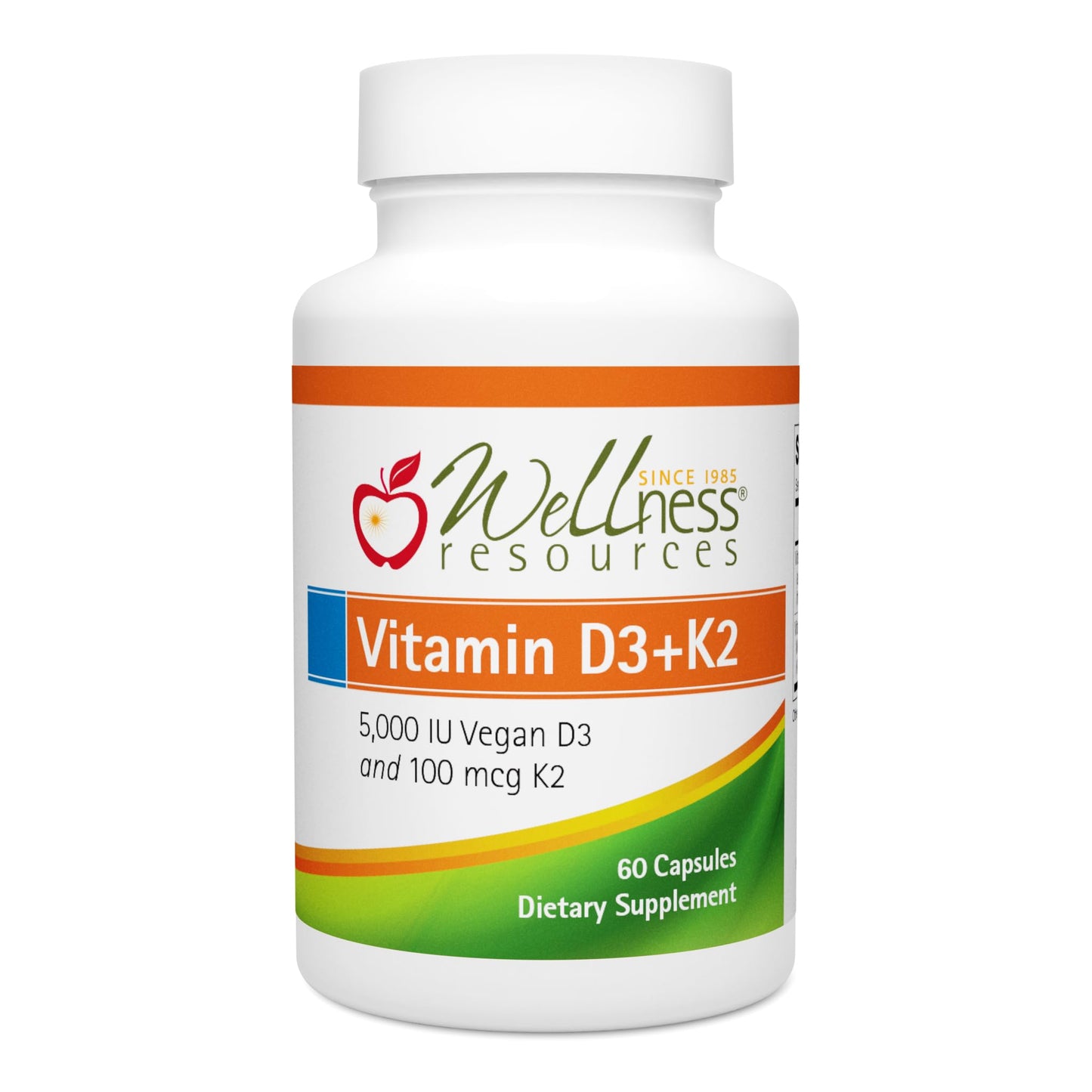 Wellness Resources Vegan Vitamin D3 5000 IU and Vitamin K2 100 mcg 2-in-1 D3 K2 MK-7 Capsule, 60 Capsules