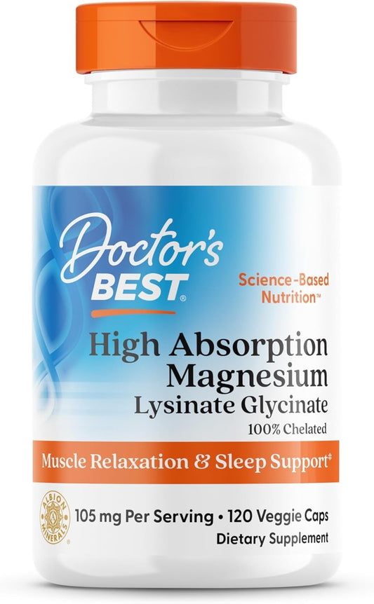 Doctor's Best High Absorption Magnesium Glycinate Lysinate Supplement for Sleep Support (105 mg per Serving), Chelated Magnesium Capsules, 120 Capsules