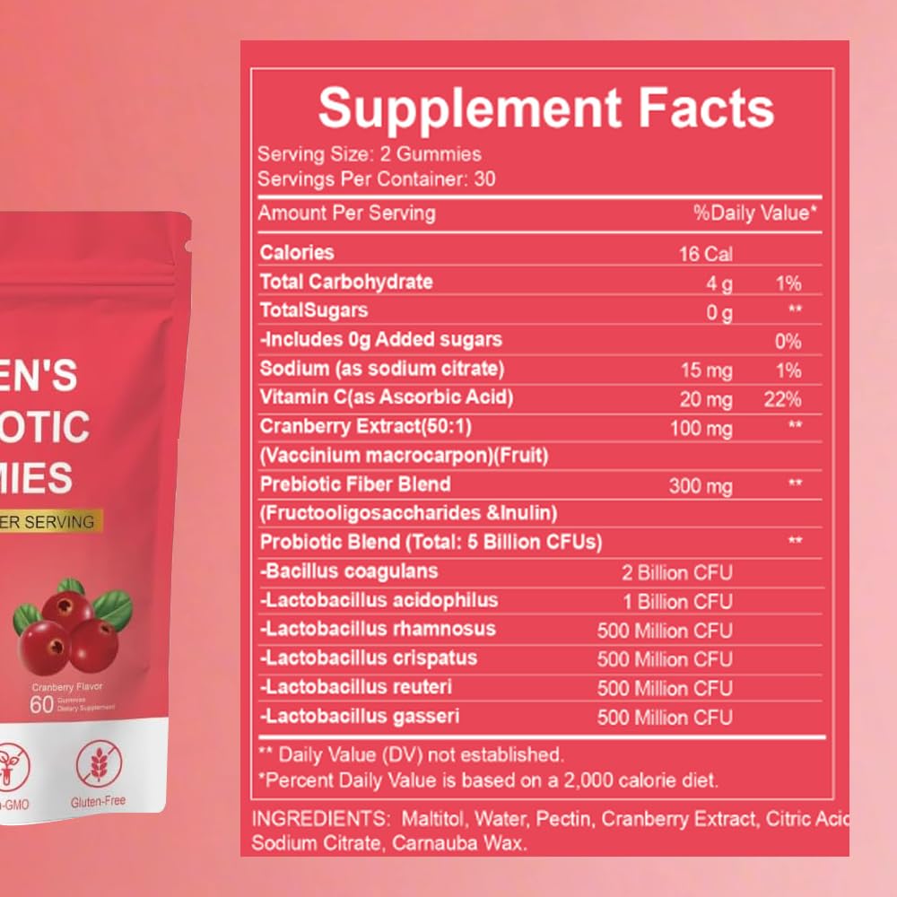 TWOHHACC Vegan Probiotic Gummies for Women Cranberry Flavour Gummy 60 Count