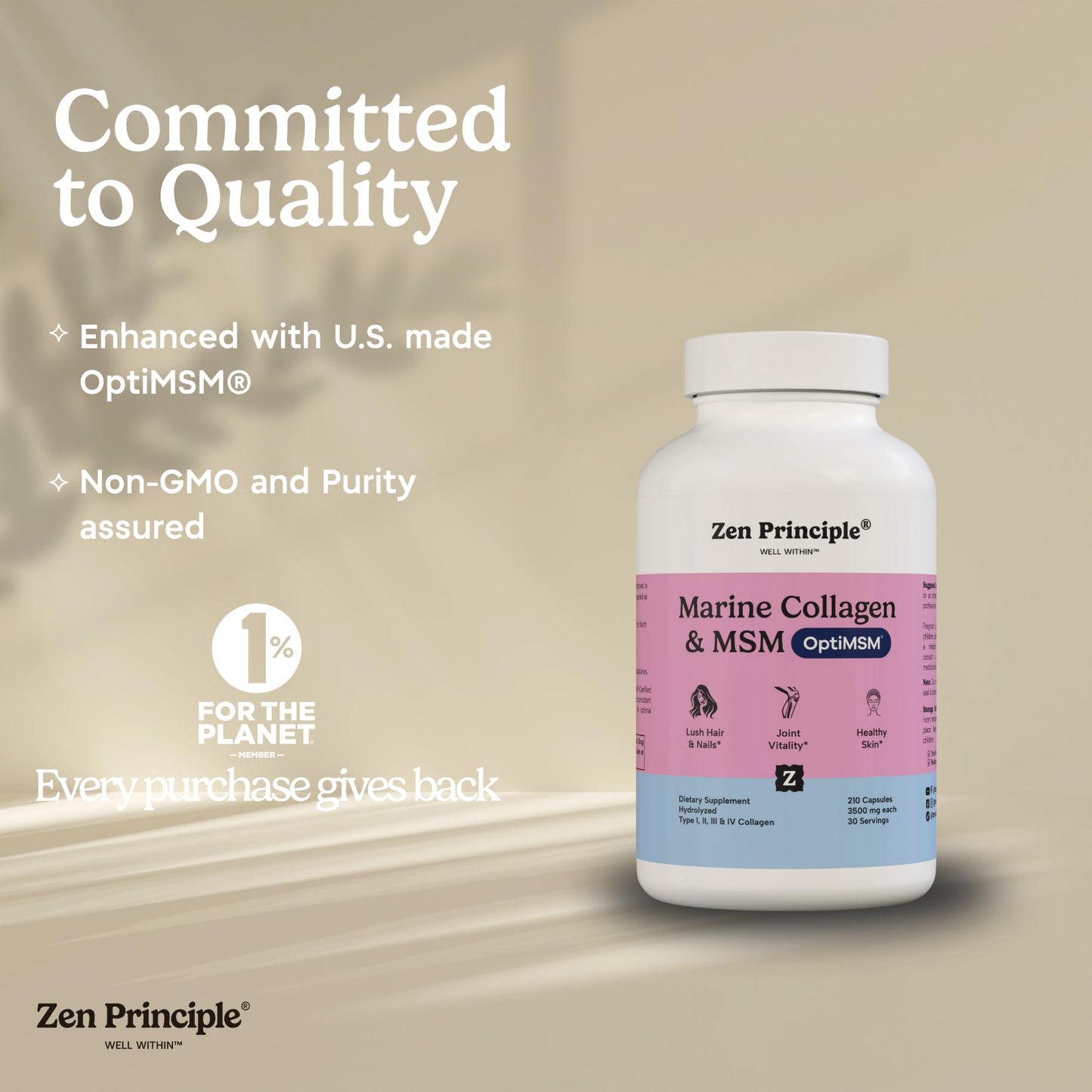 Zen Principle Marine Collagen Peptides Powder with OptiMSM Supplement 210 Capsules