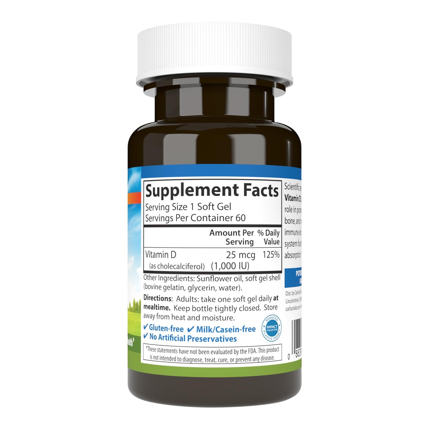 Carlson Vitamin D3 1000 IU (25 mcg) Softgels 60 Count