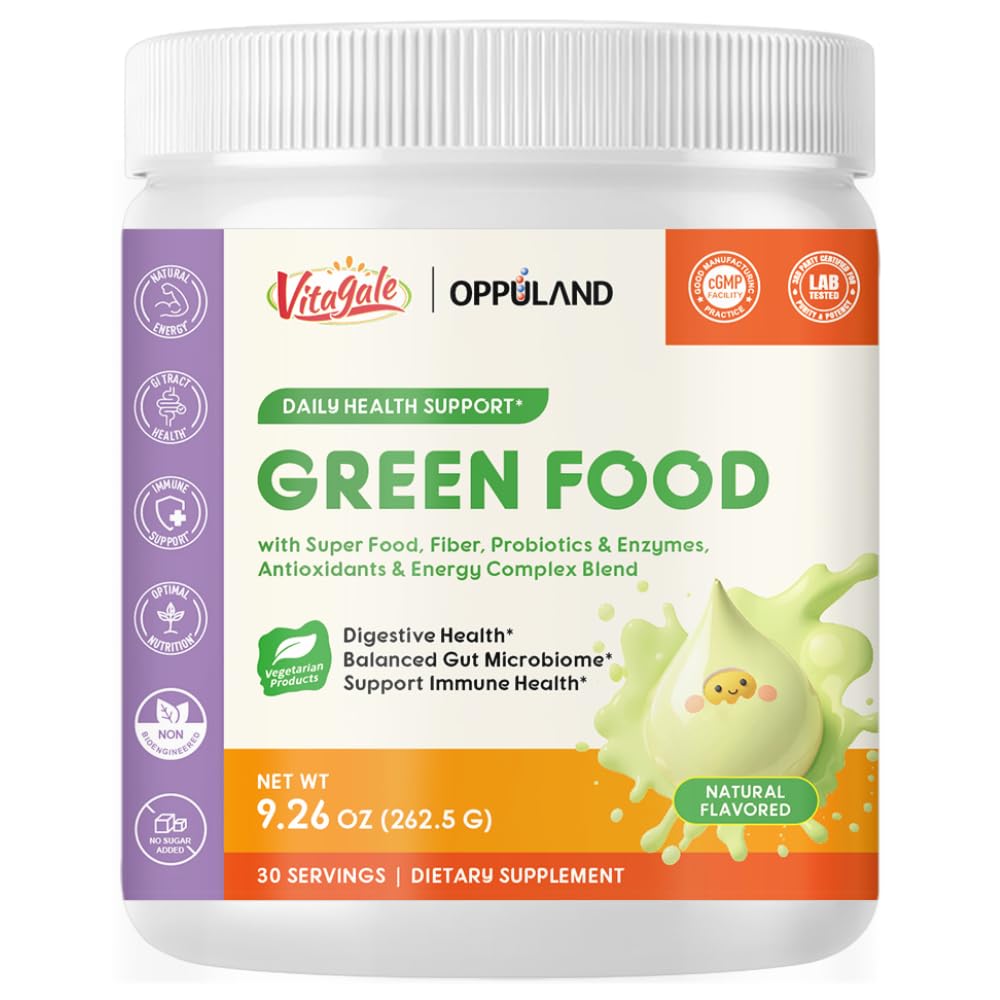 oppuland Green Food – Superfood Greens with Spirulina, Chlorella, Barley Grass, Probiotics & Enzymes Powder 9.26 oz