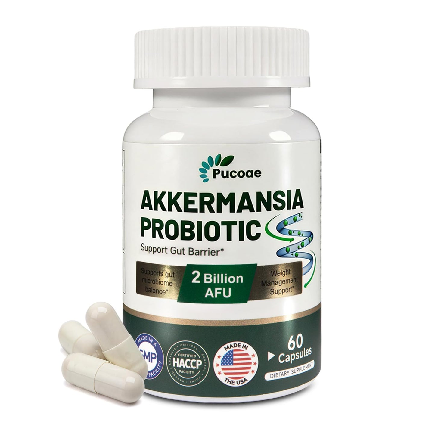 Pucoae Akkermansia Probiotic Supplement – 2 Billion AFU, Delayed Release, Gluten-Free, Gut Health & Microbiome Balance, Weight & Wellness Support for Men and Women, 60 Capsules