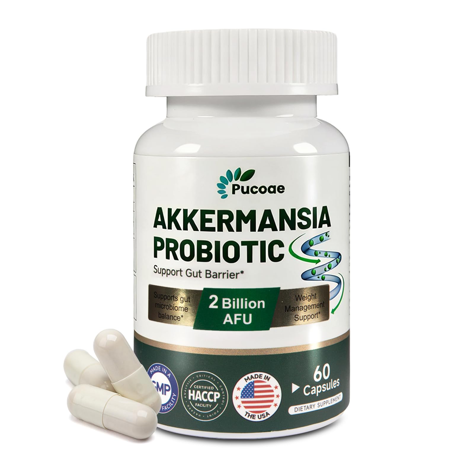 Pucoae Akkermansia Probiotic Supplement – 2 Billion AFU, Delayed Release, Gluten-Free, Gut Health & Microbiome Balance, Weight & Wellness Support for Men and Women, 60 Capsules