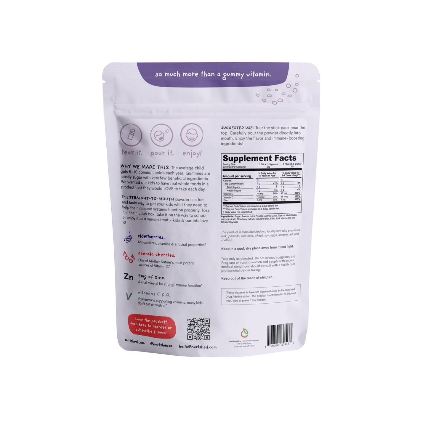 Nurished Kids Immune Booster with Elderberry, Acerola Cherry, Zinc, Vitamins C & D Powder 2.01 oz