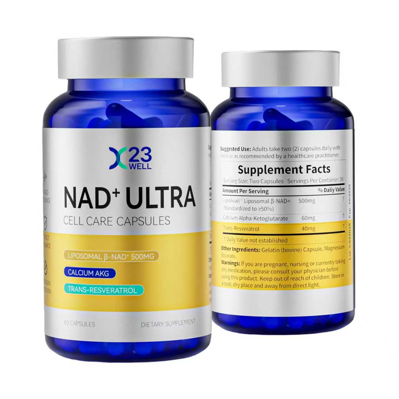 23WELL NAD+ Ultra Cell Care Capsules with Liposomal NAD+ Calcium Alpha Ketoglutarate & Trans-Resveratrol, 60 Capsules
