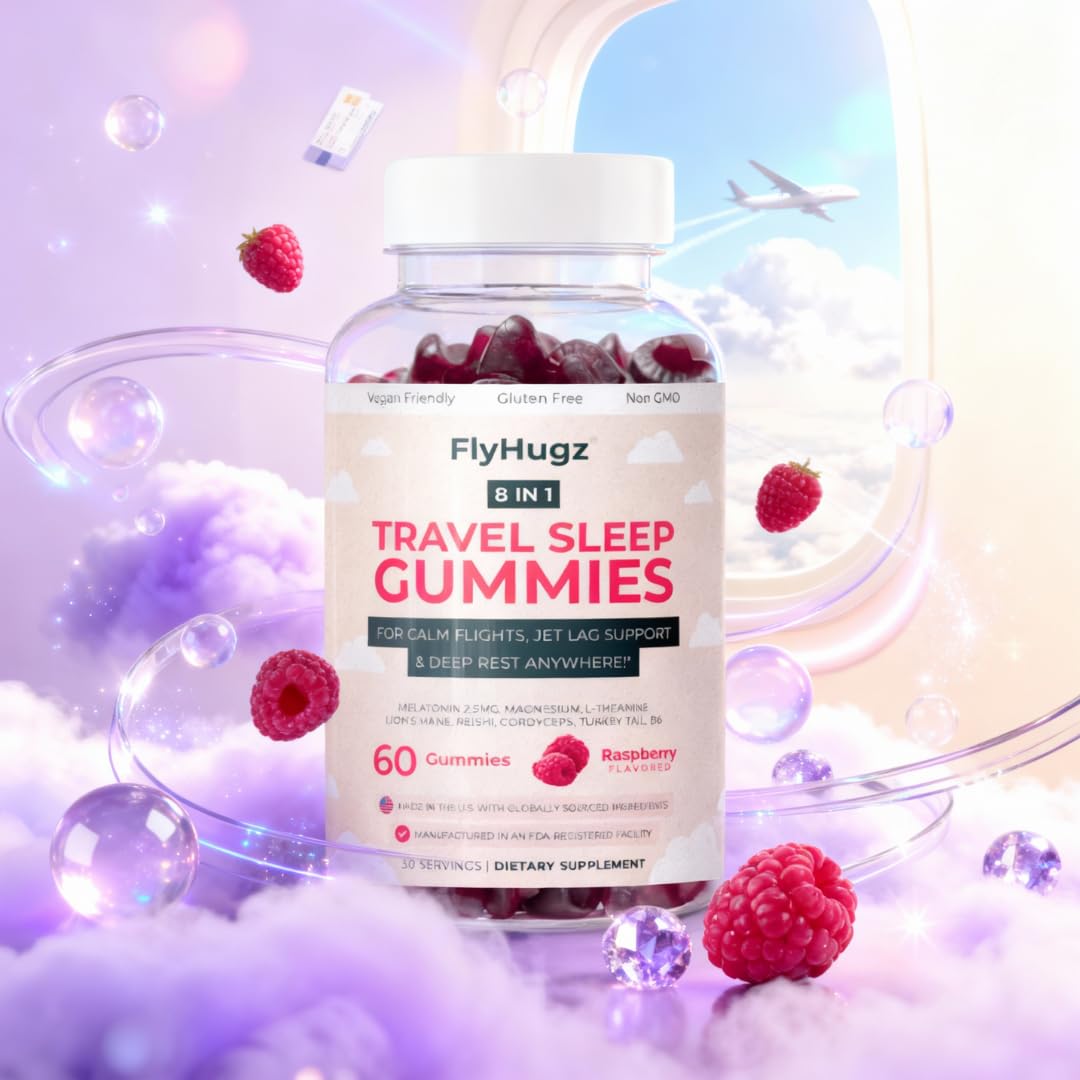 FlyHugz Travel Sleep Support Gummies with Melatonin, L-Theanine & Magnesium, 60 Vegan Gummies