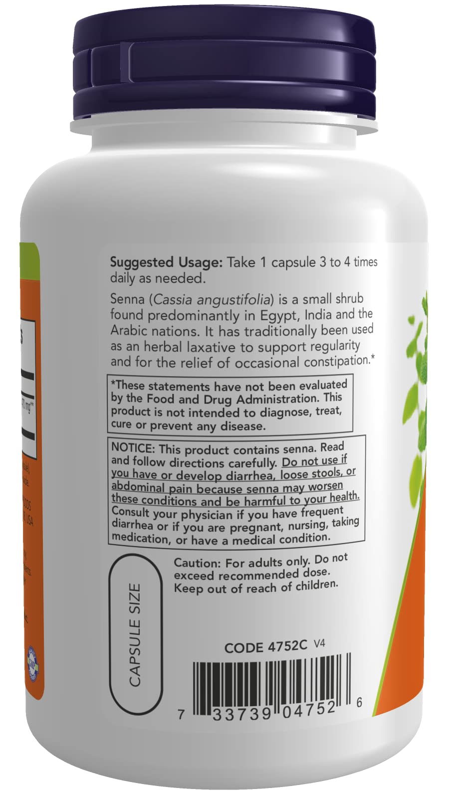 NOW Foods Senna Leaves 470mg Capsules, 200 Count