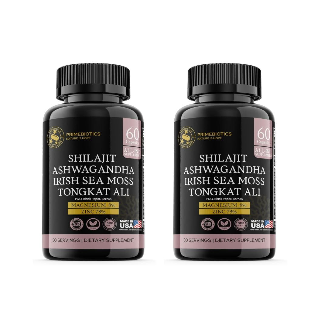PrimeBiotics All-in-1 Shilajit Supplement with Ashwagandha, Irish Sea Moss, Tongkat Ali, Black Pepper Extract, Boron, Magnesium and Zinc for Men & Women, 60 Capsules