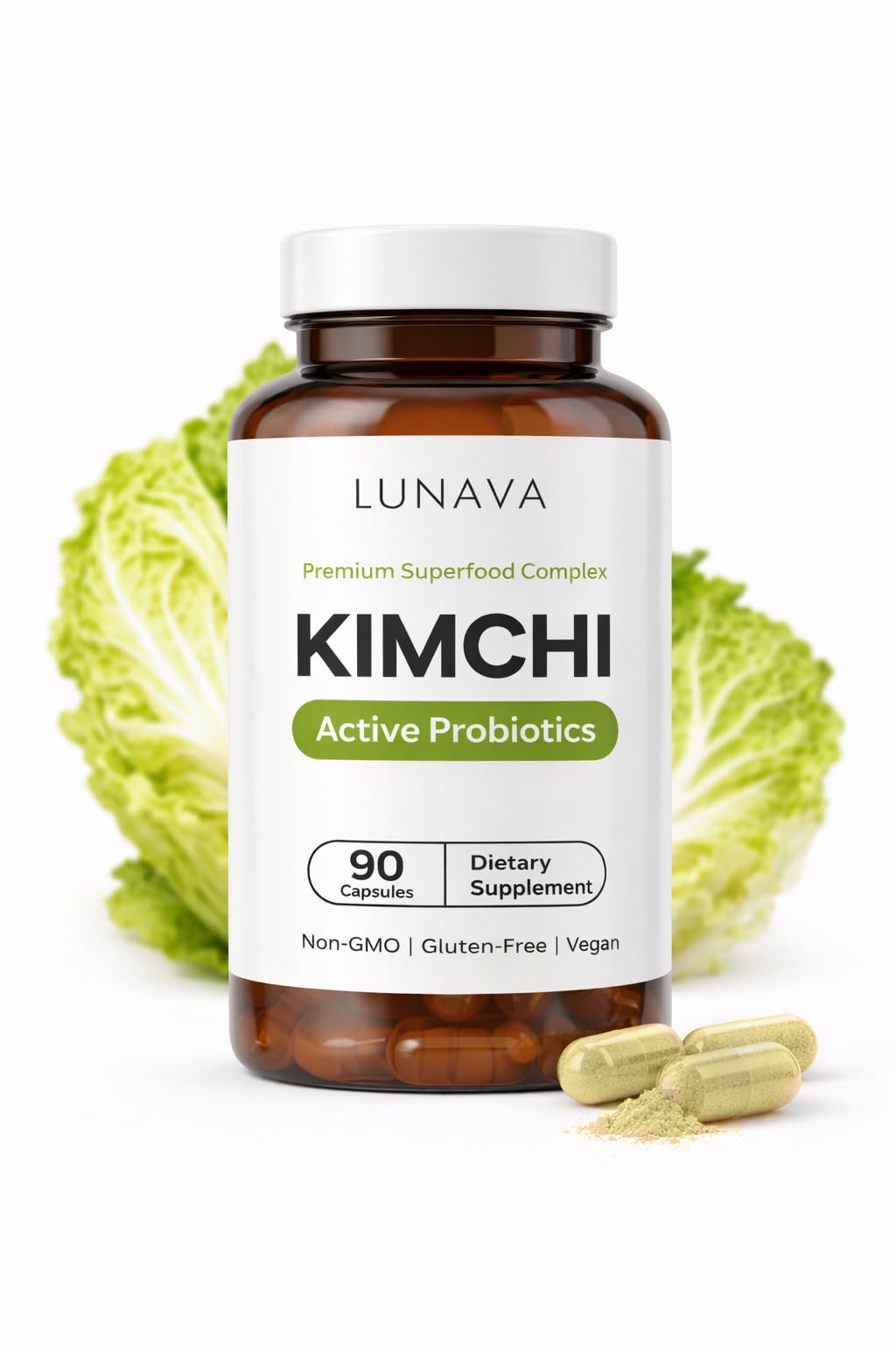 LUNAVA Kimchi Capsules with Prebiotics & Probiotics, Fermented Kimchi Superfood for Digestive & Immune Support, 90 Capsules