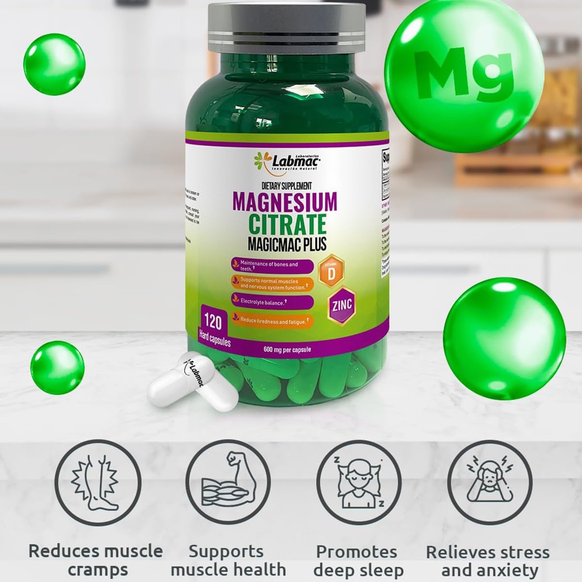 Magicmac Plus Magnesium Citrate 600mg Capsules with Vitamin D3 and Zinc, 120 Count