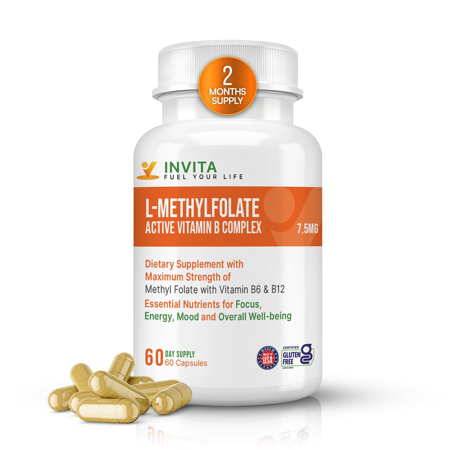 INVITA L-Methylfolate 7.5mg + Active Vitamin B Complex – 60 Capsules