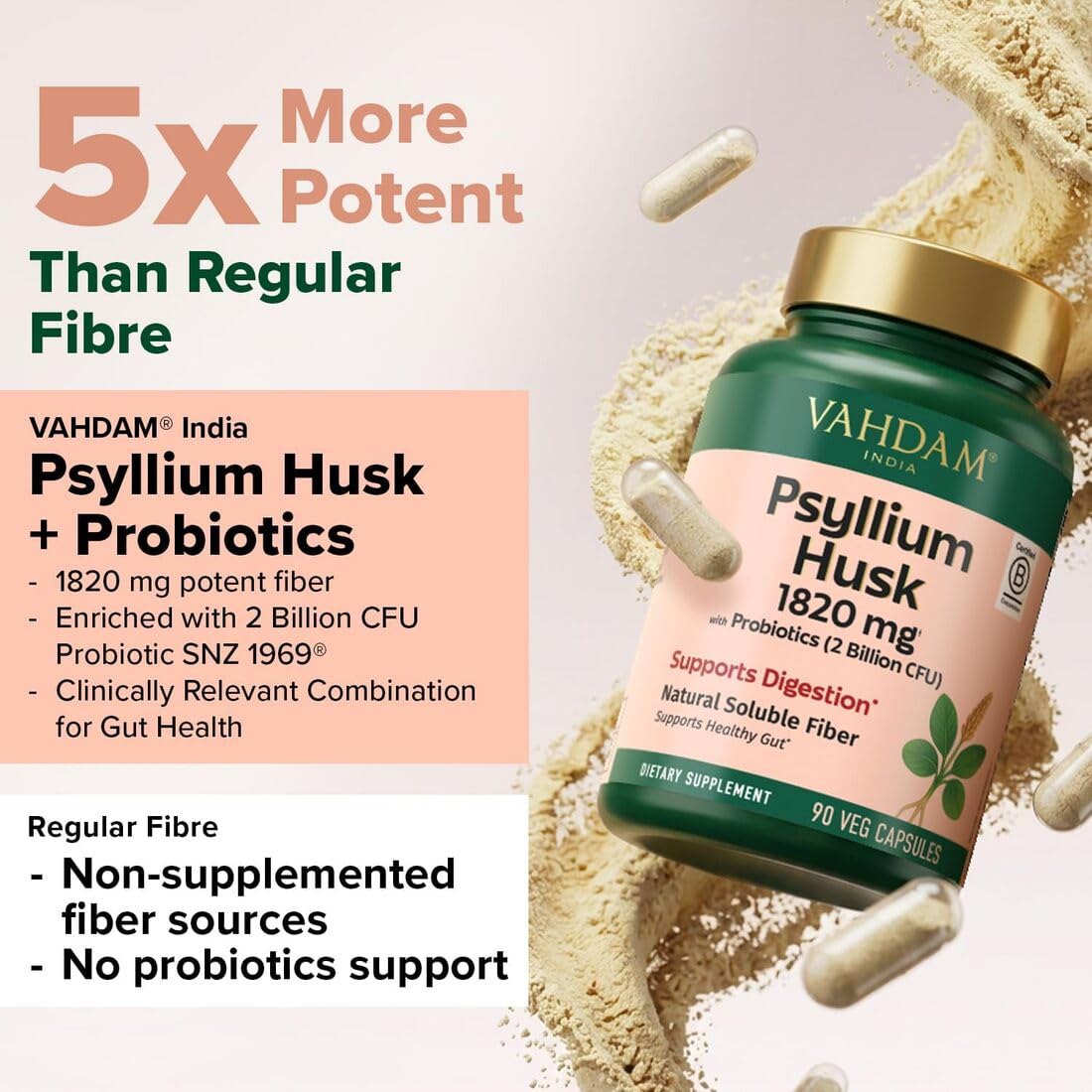 VAHDAM Psyllium Husk Capsules 1800 mg with Probiotics (2 Billion CFU) | Supports Digestion & Gut Health, 90 Veggie Capsules