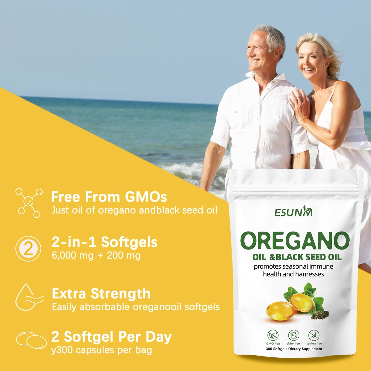 ESUNM Oregano Softgels with Black Seed Oil 300 Softgel Capsules