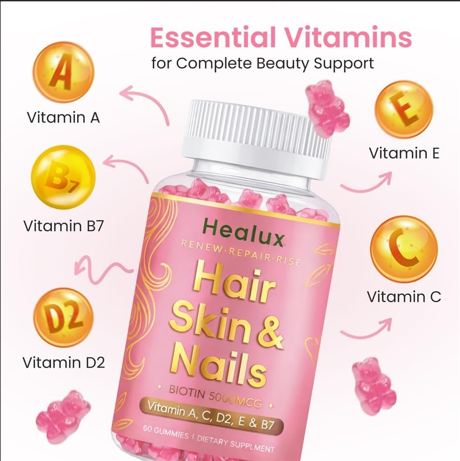 Healux Hair Skin and Nails Biotin Gummies 5000 mcg, 60 Gummies
