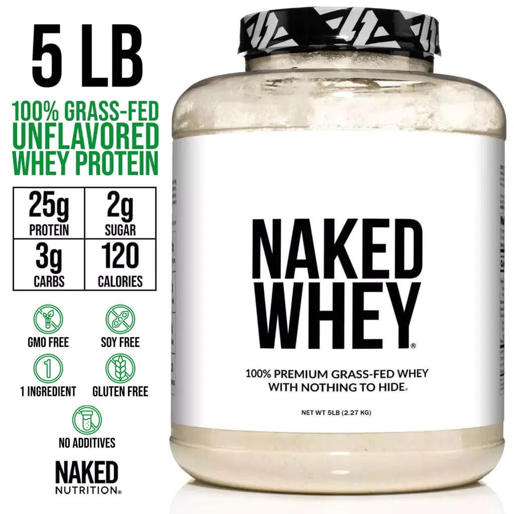NAKED Whey Protein Powder 5 lb, Grass Fed, Unflavored, NSF Certified, Gluten Free, Soy Free, 80 Servings