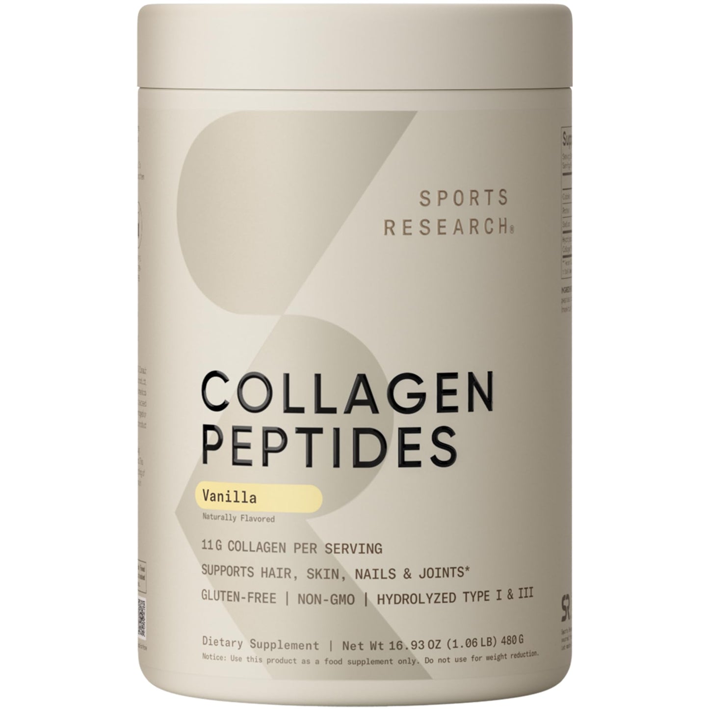 Sports Research Collagen Peptides Protein Powder, Vanilla Powder, 16