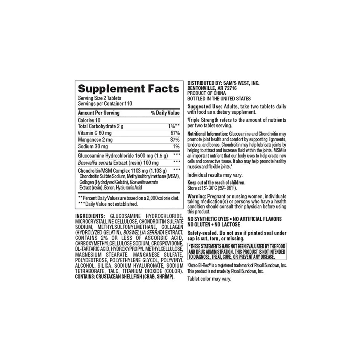 Member's Mark Triple Strength Glucosamine 1500mg & Chondroitin MSM 1288mg Tablets, 220 Count