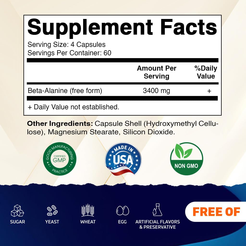 Vitamatic Beta-Alanine 3400 mg Per Serving – Supports Endurance, Muscle Performance & Workout Stamina – 240 Veg Capsules