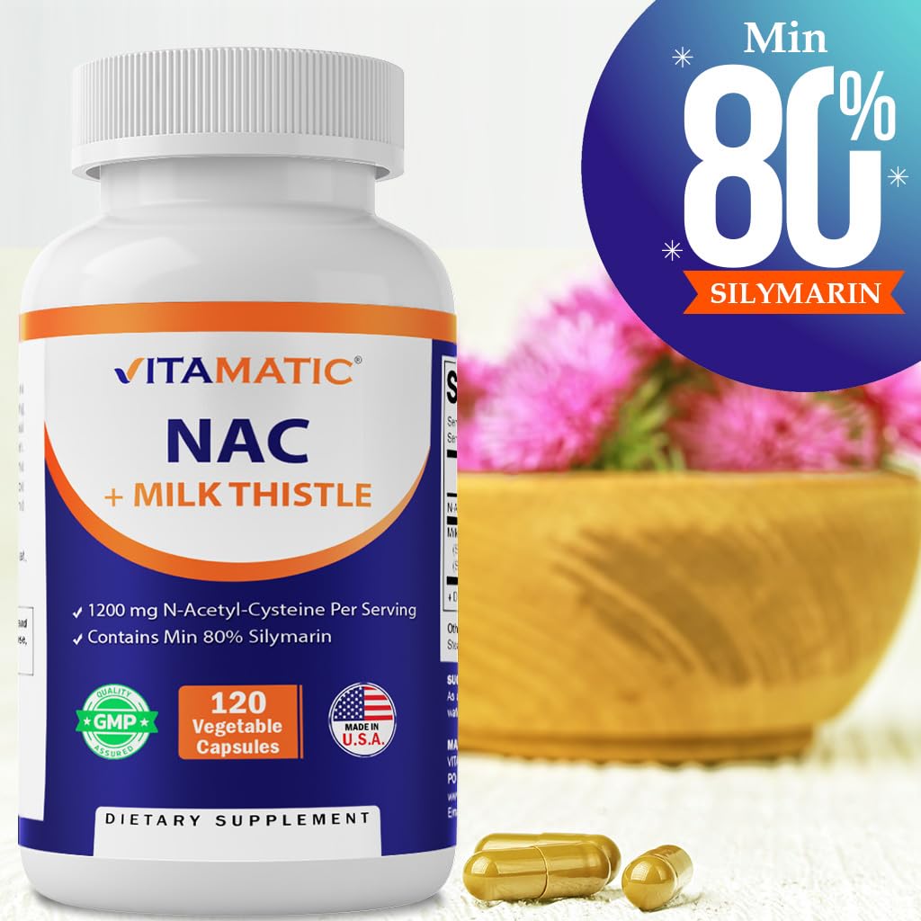 Vitamatic NAC Supplement N-Acetyl-L-Cysteine (NAC) with Milk Thistle 50:1 Extract, 120 Veg Capsules